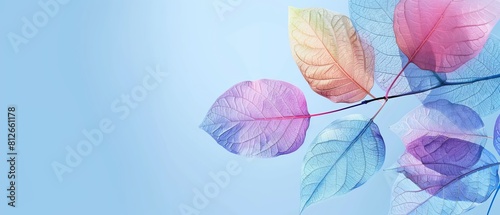 Colorful transparent leaves in pastel style on a blue background with copy space. Leaf texture  leaf background with veins and cells.