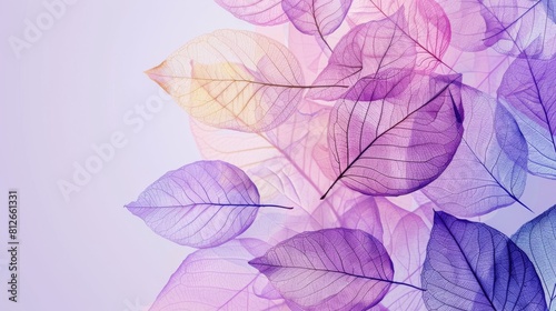 Colorful transparent leaves in pastel style on a purple background with copy space. Leaf texture, leaf background with veins and cells.