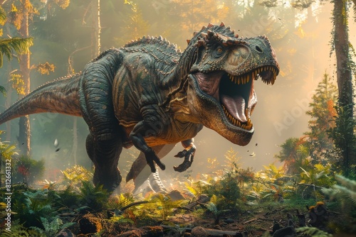 A dynamic scene captures a Tyrannosaurus rex in full sprint  surrounded by mist and dappled forest light