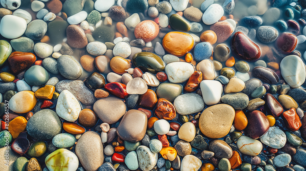 A collection of colorful rocks in a body of water. The rocks are of various sizes and colors, creating a visually interesting and diverse scene. The water appears to be calm A collection of colorful rocks in a body of water. The rocks are of various sizes and colors, creating a visually interesting and diverse scene. The water appears to be calm