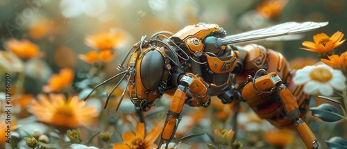 Amidst the lush fields of a futuristic farm, a robotic bee buzzes with purpose, its delicate wings flitting from flower to flower in a ballet of pollination that ensures the continued abundance.