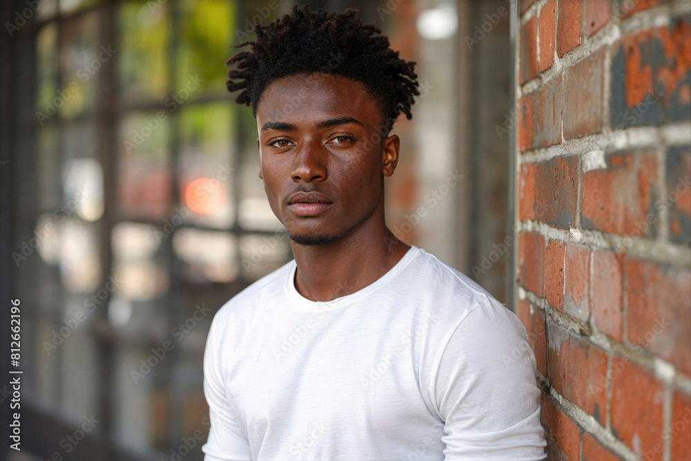 A young black man in white t-shirt leans against a brick wall blurred background, for advertising