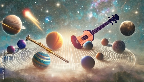 Cosmic sympany where planets and stars play instrument made of light and sound 