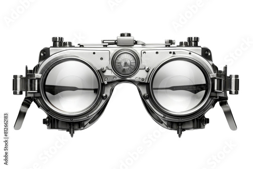 The image is of a pair of glasses with a clock on the side. The glasses are silver and have a vintage look to them. The clock is small and located on the side of the glasses, making it a unique photo