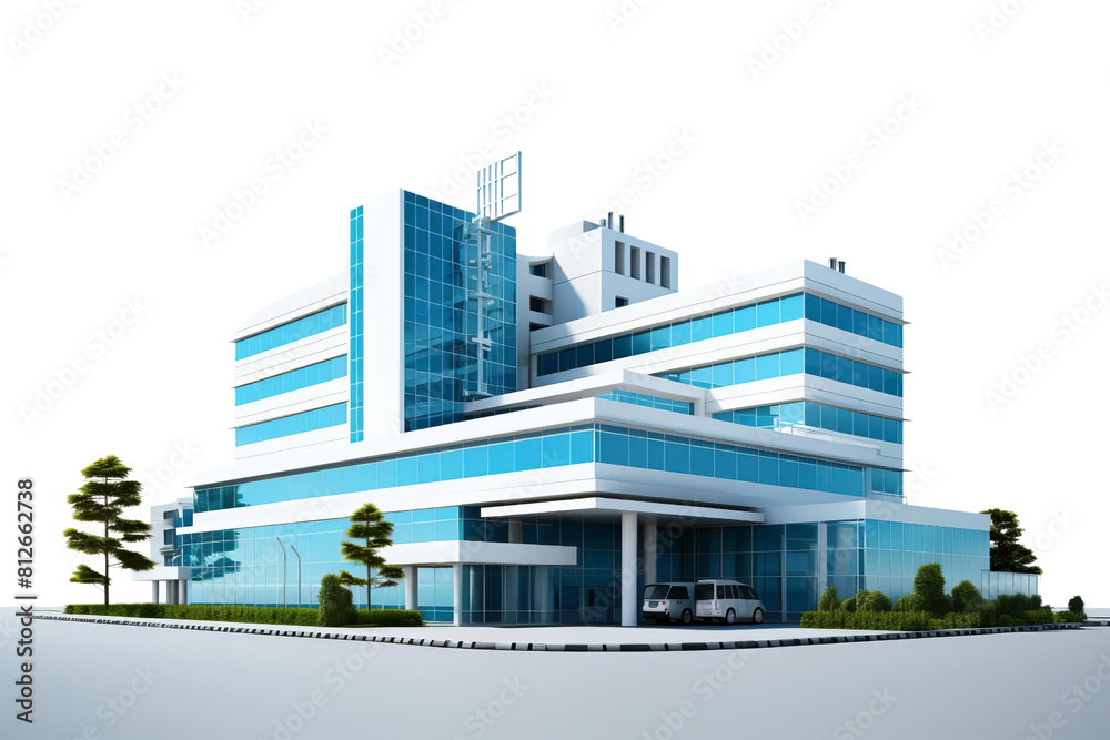 A large, modern hospital building with a parking lot in front. The building is made of glass and has a sleek, modern design. The parking lot has a few cars parked in it, including a van and a truck