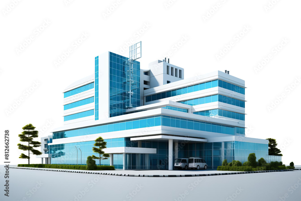 A large, modern hospital building with a parking lot in front. The building is made of glass and has a sleek, modern design. The parking lot has a few cars parked in it, including a van and a truck A large, modern hospital building with a parking lot in front. The building is made of glass and has a sleek, modern design. The parking lot has a few cars parked in it, including a van and a truck