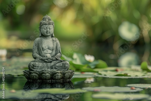 Peaceful buddha statue meditates among water lilies in a soothing natural pond landscape