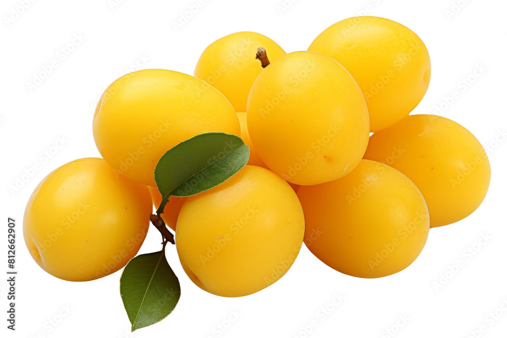 A bunch of yellow fruit with a leaf on top. The fruit is ripe and ready to eat A bunch of yellow fruit with a leaf on top. The fruit is ripe and ready to eat