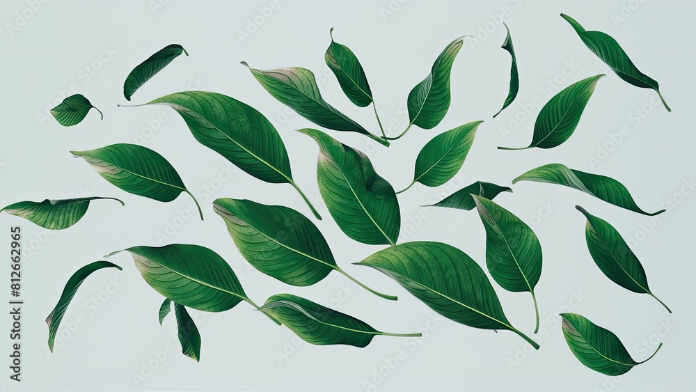 Flying green leaves isolated on white background Flying green leaves isolated on white background