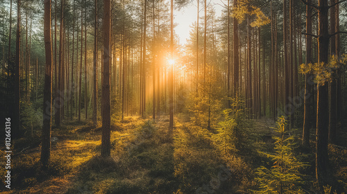 Wallpaper Mural A forest with a sun shining through the trees. The sun is casting a warm glow on the forest floor Torontodigital.ca