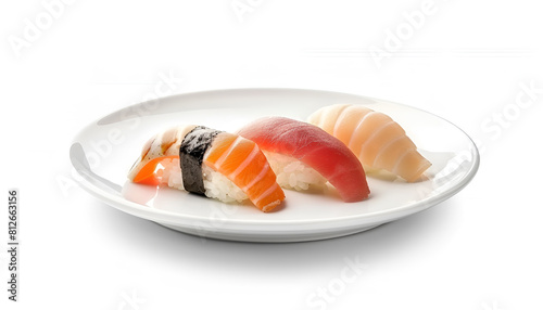 Plate with delicious nigiri sushi isolated on white