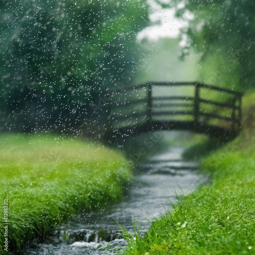 a small drizzle ffalling on to green grass and a bridge in the background photo