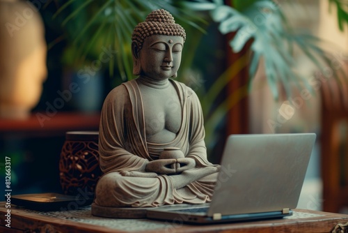 Tranquil buddha statue meditates beside an open laptop, blending spirituality with technology photo