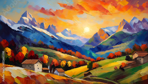 paesaggio di montagna dolomiti dipinto tramonto 