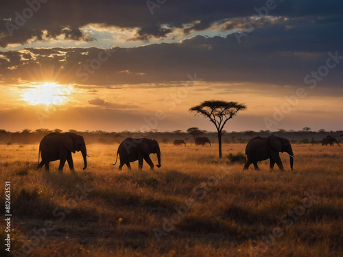 Evening Stroll, Herd of Elephants Silhouetted Against Savanna Sky at Sunset.
