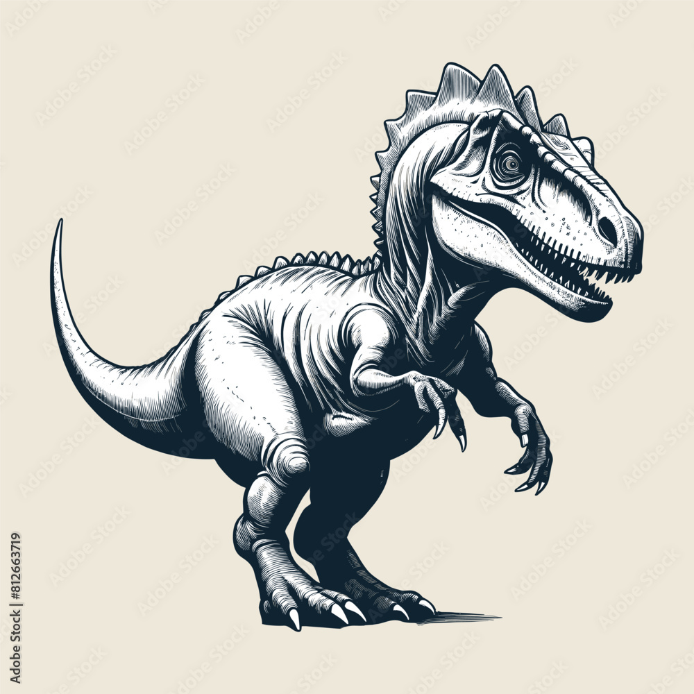 Dinosaur 70s vintage black and white engraved vector style