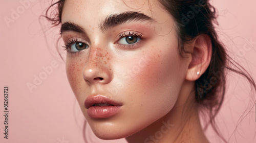 Portrait of a young woman with natural freckles.