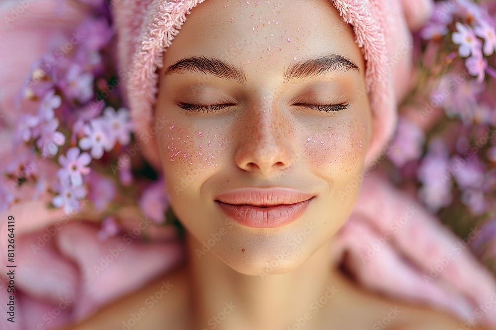 A woman wearing a pink towel wrapped around her head