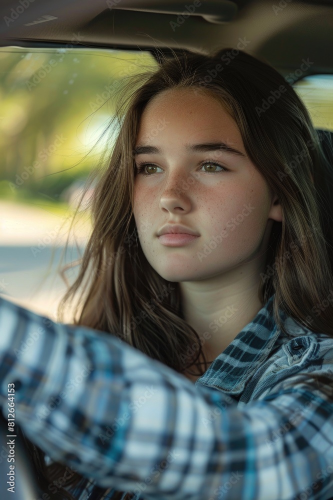 A young woman driving a car on a sunny day. Ideal for transportation concepts A young woman driving a car on a sunny day. Ideal for transportation concepts