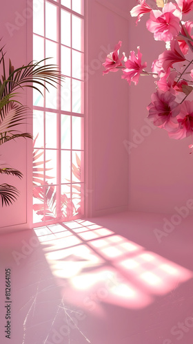 Abstract pink color gradient studio background for product presentation. Empty room with shadows of window and flowers and palm leaves. Generative Ai.