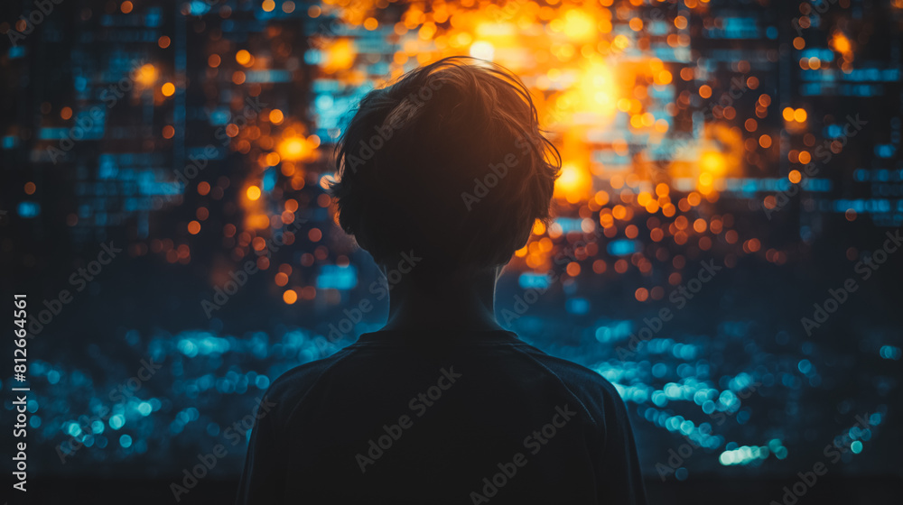 A person is wearing headphones and looking at a screen with a city view A person is wearing headphones and looking at a screen with a city view