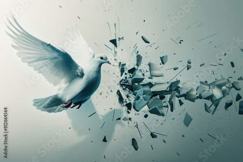 A white dove flying through a broken glass wall. Suitable for concepts of freedom and overcoming obstacles