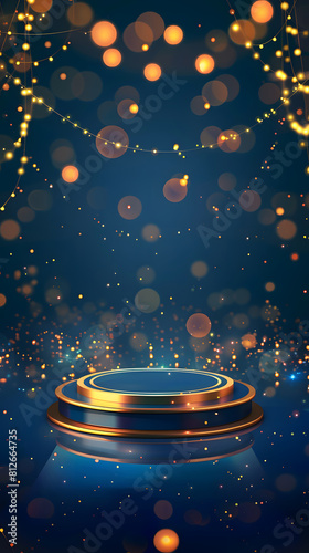 Empty podium golden on blue background with light neon effects with bokeh decorations. Luxury scene design concept. Vector illustrations. Generative Ai.