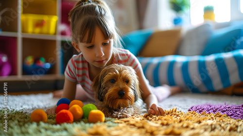 Young girl playing with her dog on a colorful rug in a bright child's room. Therapeutic Play: Pets involved in activities that promote mental stimulation, treatment and care of pets