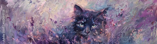 Feline Prowling Through Vibrant Purple Heather Meadow in Atmospheric Oil Painting Style