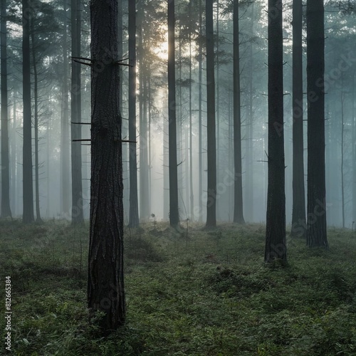densce forest in fog withh tall trees