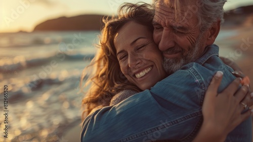 happy mature man being hugged by his wife at the beach, young couple having fun at the sea shore photo