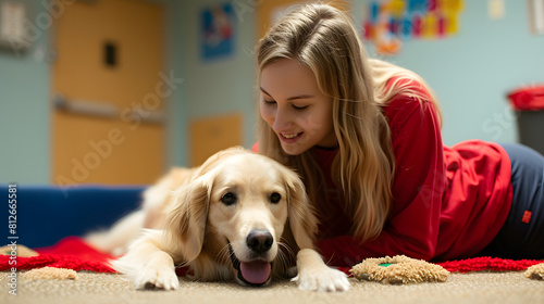 Teen girl lying on the floor with her golden retriever in a school classroom. Casual interaction and bonding moment. Youth and pet friendship concept. Design for educational material and youth program
