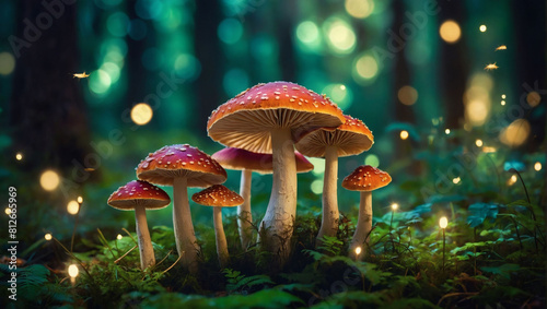 Fairyland Fungi Fantasy, Mushrooms Create Dreamy Atmosphere in Green Fairytale Forest Illustration.