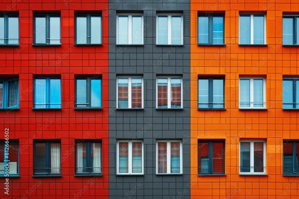 Architectural detail of a vibrant building facade with a pattern of windows in a city