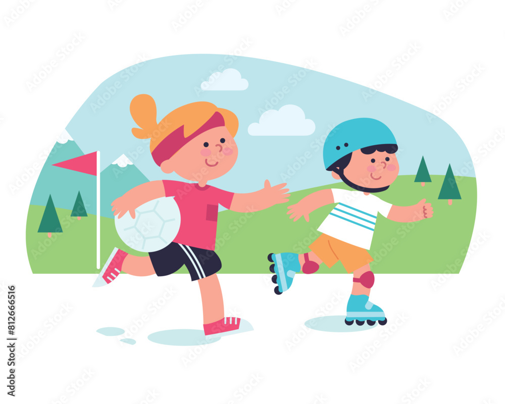 Summer camp. Children do different forms of activity, kids spend free time and relax at the summer camp, recuperate, poster, entertainment, sports, pastime, good mood Summer camp. Children do different forms of activity, kids spend free time and relax at the summer camp, recuperate, poster, entertainment, sports, pastime, good mood