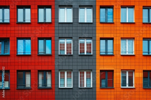 Architectural detail of a vibrant building facade with a pattern of windows in a city