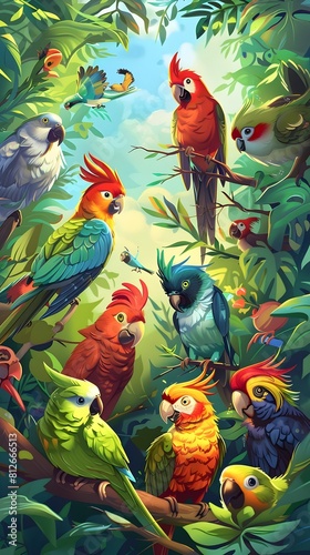 Vibrant and Diverse Tropical Aviary Showcasing a Magnificent Collection of Colorful Parrots and Other Exotic Birds Perched Amidst the Lush Foliage of