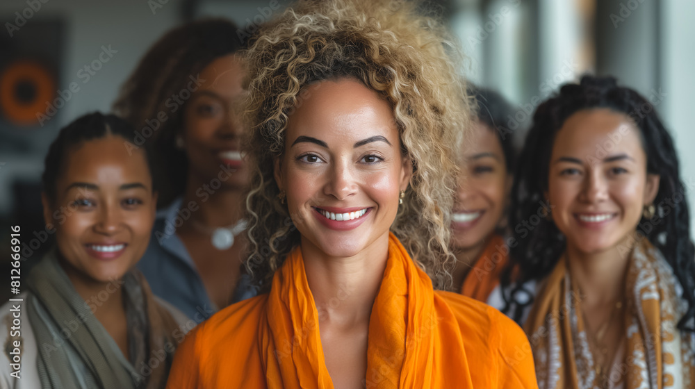 A group of women are smiling and posing for a photo A group of women are smiling and posing for a photo