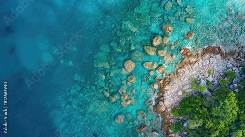 Fototapeta Naklejka Na Ścianę i Meble -  Bird s eye drone view of a tropical island shoreline with clear blue waters and rocky beach