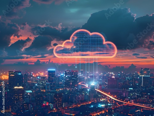 Glowing Cloud Computing Concept Over Vibrant City Skyline at Dramatic Sunset
