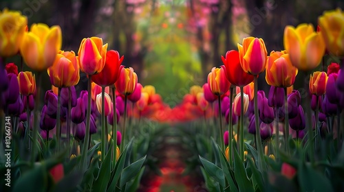 A serene garden scene with colorful tulips in shades of red, yellow, and purple, blooming in symmetrical rows. #812667341