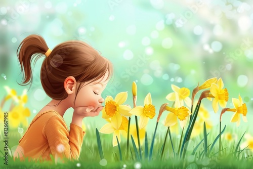 A young girl sitting among vibrant yellow flowers. Perfect for nature or childhood themes