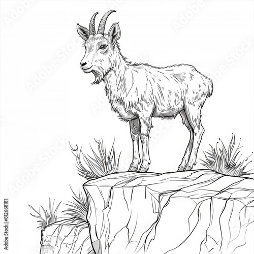 A black and white digital drawing of a mountain goat standing on a rock. © Songyote