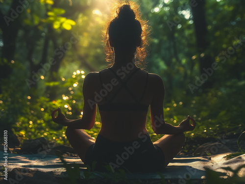 A woman is sitting in a forest, meditating