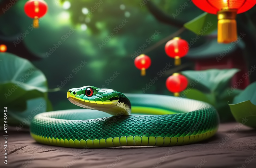 Obraz premium Green snake. Symbol of Chinese New Year 2025 green snake. Red chinese lanterns on background, soft focus.