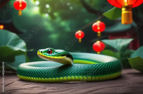 Green snake. Symbol of Chinese New Year 2025 green snake. Red chinese lanterns on background, soft focus.