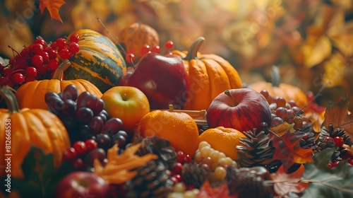 Bright background with beautiful thanksgiving decorating. Pumpkins with fruits  flowers  vegetables and leaves.