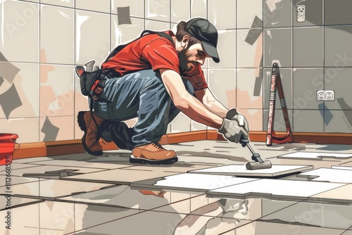 A man in a red shirt is working on a tile. Suitable for construction projects © Ева Поликарпова