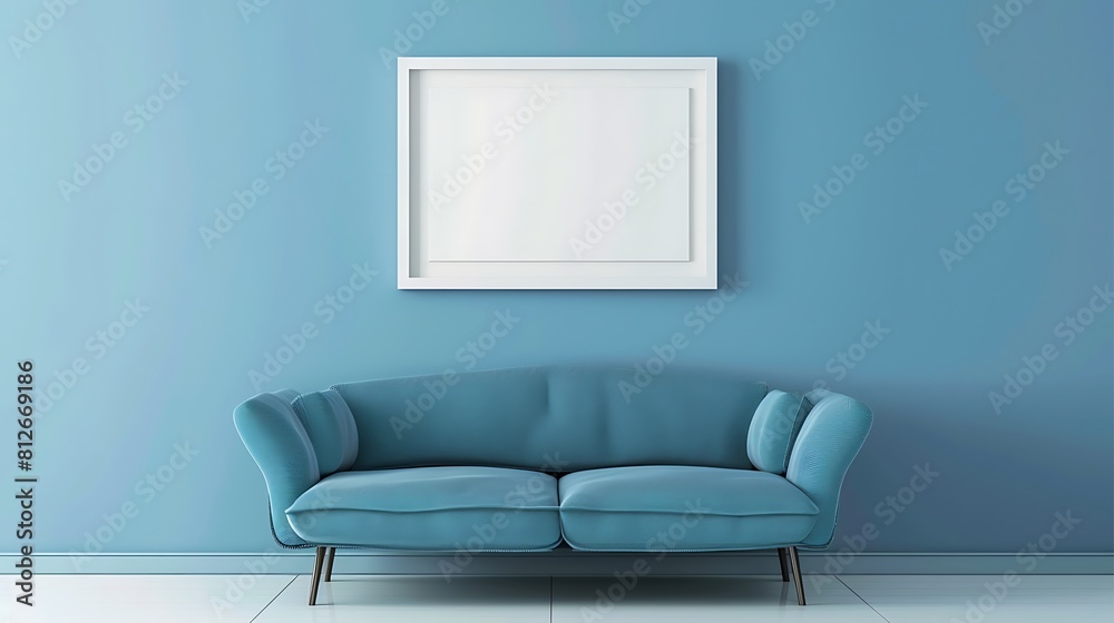 sky blue colour wall with sofa, frame on the wall