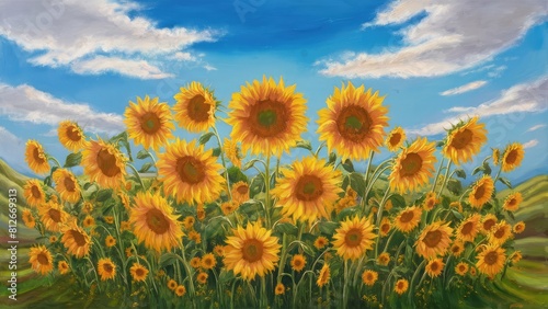 Vector Sunflowers Meadow in Oil Painting Flowers with blue sky with clouds